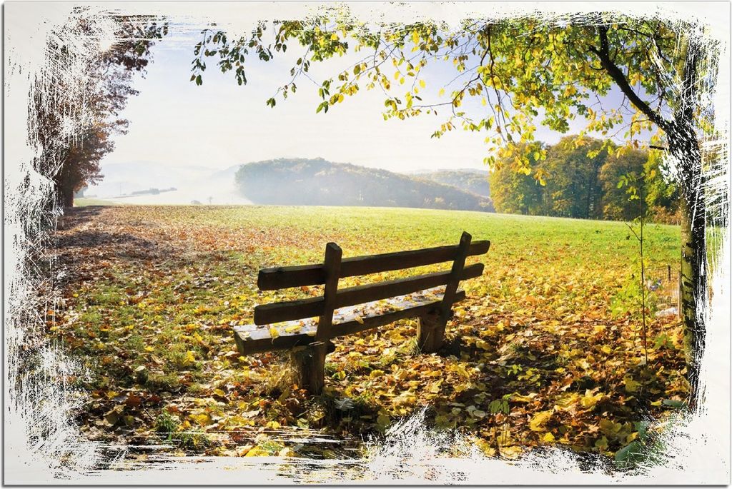 Kunstdrucke Wandbilder Holz in : Brillante Farben, Größe 60 x 90 cm Motiv Idyllische Holzbank in den Bergen