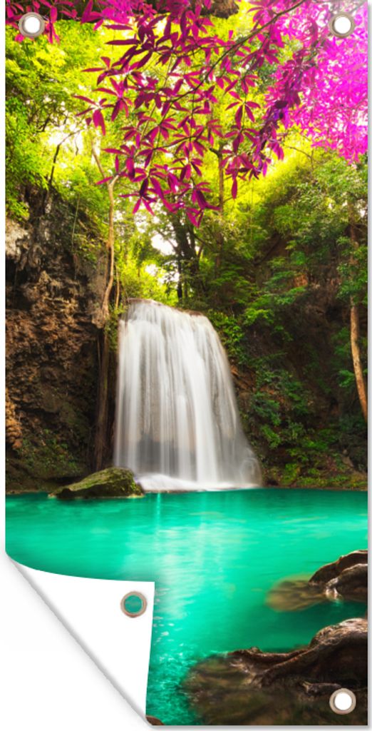 MuchoWow 40x80 cm Outdoor-Poster Gartendeko Sichtschutz Garten Poster für den Garten Wasserfall mit bunten Blumen und Bäumen - Natur - Dschungel