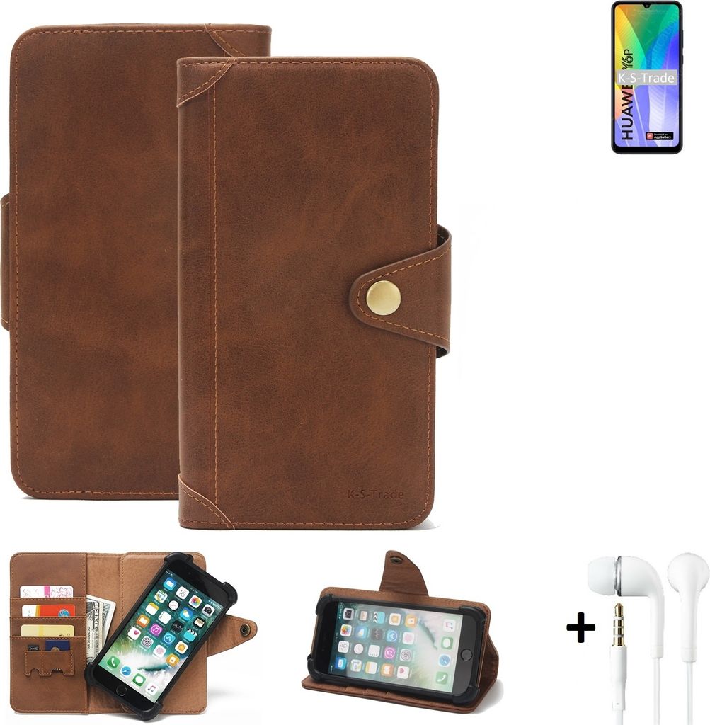 K-S-Trade Handyhülle + Kopfhörer für Huawei Y6p Schutz Hülle Walletcase Bookstyle Tasche Case Handytasche Wallet Flipcase Cover PolyurethanBrau...