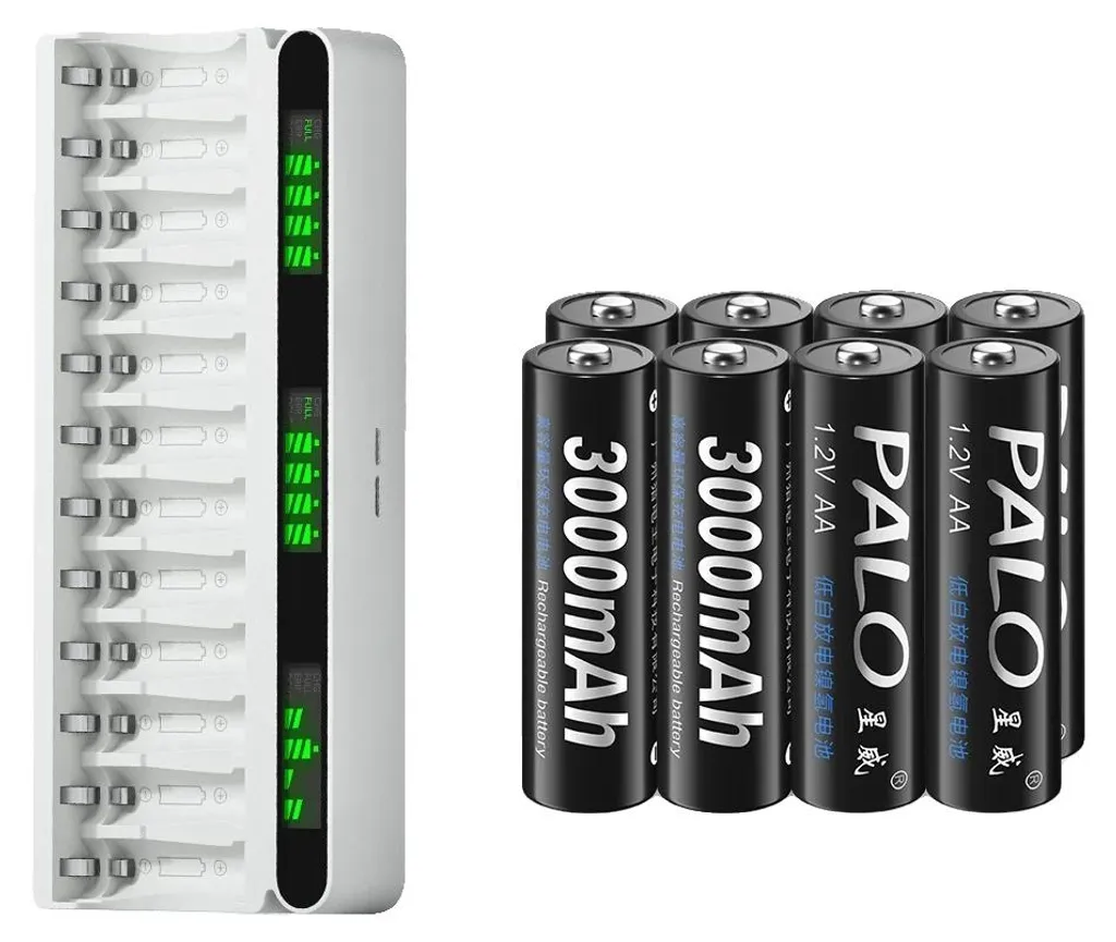 8 Piles rechargeables AA 3000 mAh avec chargeur secteur universel inclus