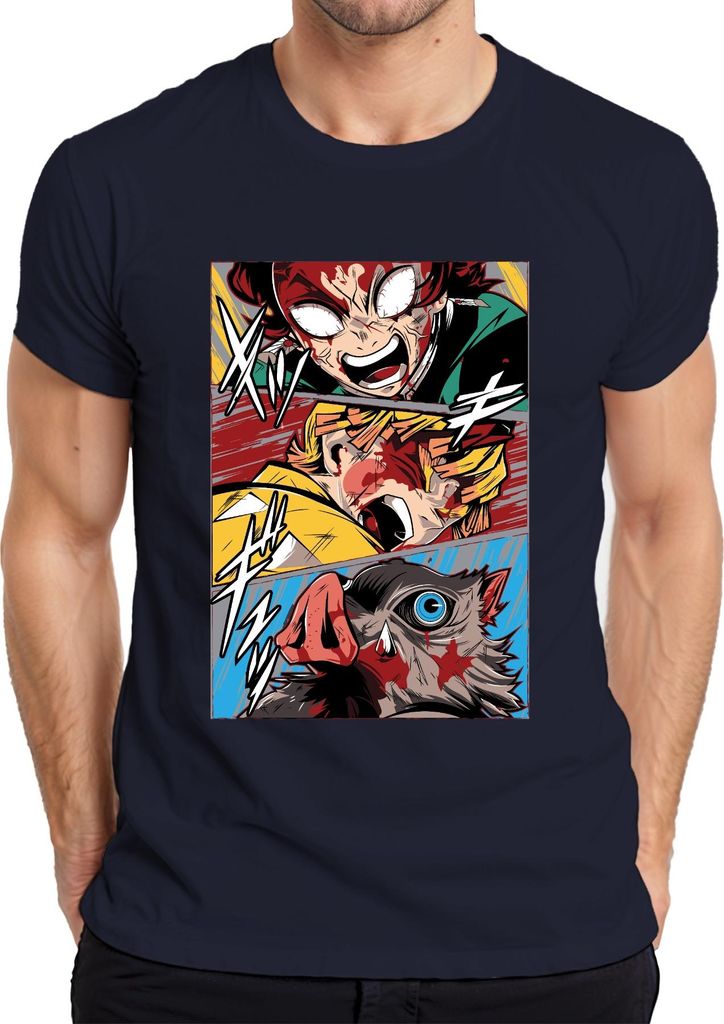 Manga Dämonenjäger Action Blut Anime Panel Geschenk Grunge Herren T-Shirt, Navy, XXL