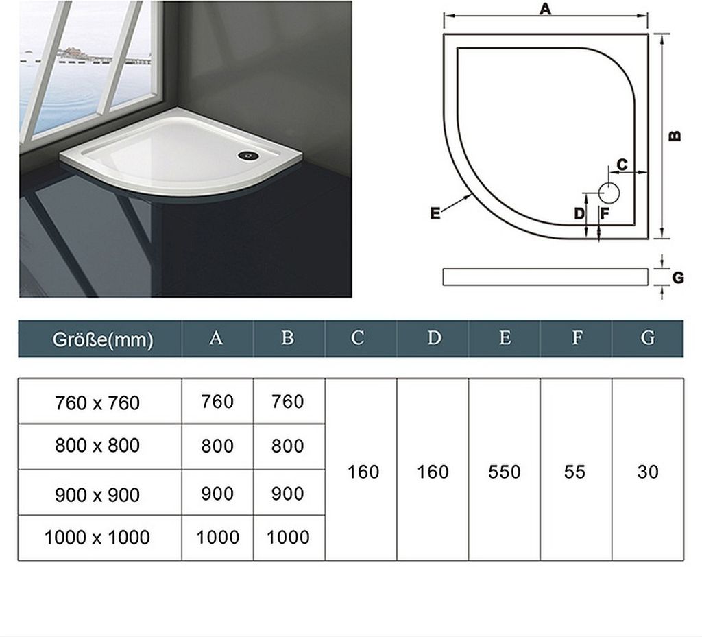 90x90x3cm Duschtasse Viertelkreis Runddusche Duschwanne Produktbild 3
