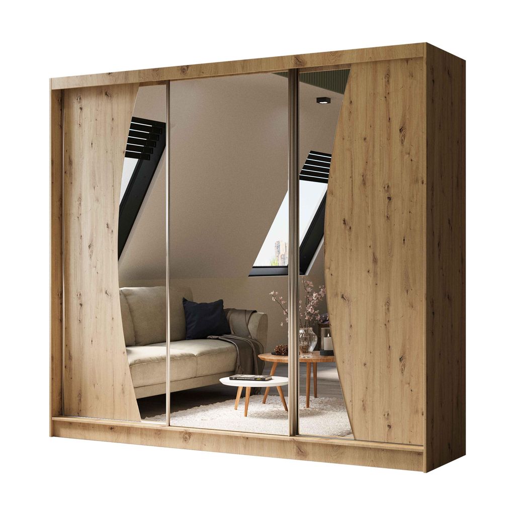 Schwebetürenschrank VOX 240 cm – Kleiderschrank mit 3 Schubkasteneinsätze, Spiegel & Schiebetüren (Eiche Artisan)