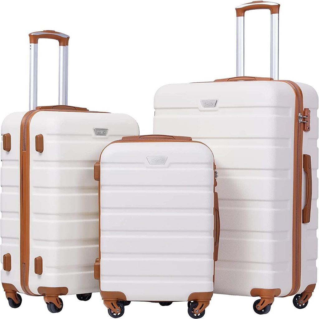 Hartschalen-Koffer, Trolley-Koffer, Reisekoffer, Board-Koffer, Handgepäck mit TSA-Schloss und 4 Rollen, weiß/braun, modische Business-Reisetasche