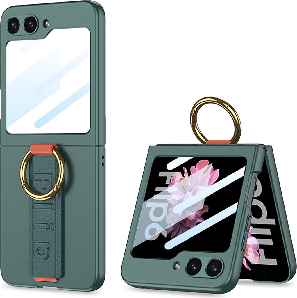 Hülle für Samsung Galaxy Z Flip 6 / Z Flip 7 FE Hart PC Schutzhülle Integrierte Displayschutz mit Armband Ringhalter Grün