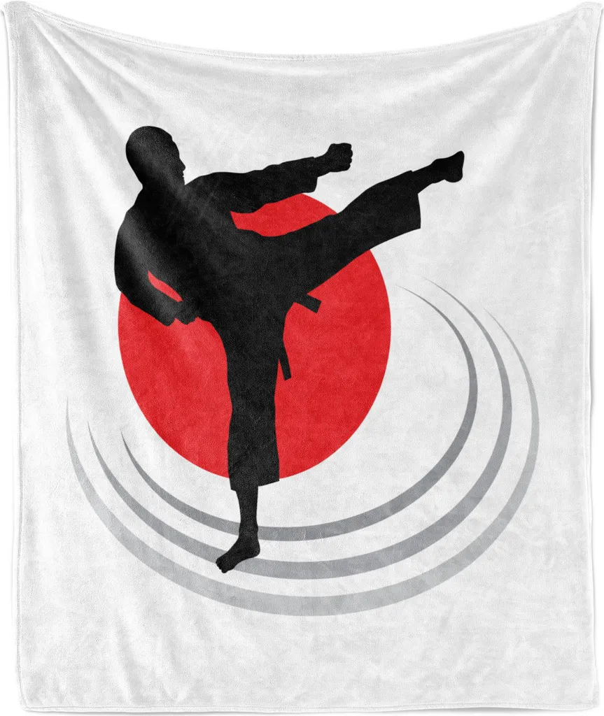 ABAKUHAUS Coperta in morbido pile di flanella Kung Fu, silhouette di calcio di karate, morbida e confortevole per interni ed esterni, 125 x 175 cm, nero vermiglio
