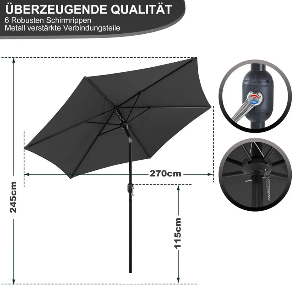 Wolketon 2.7m Ombrellone da Giardino con LED e UV40+ Grigio per Patio
