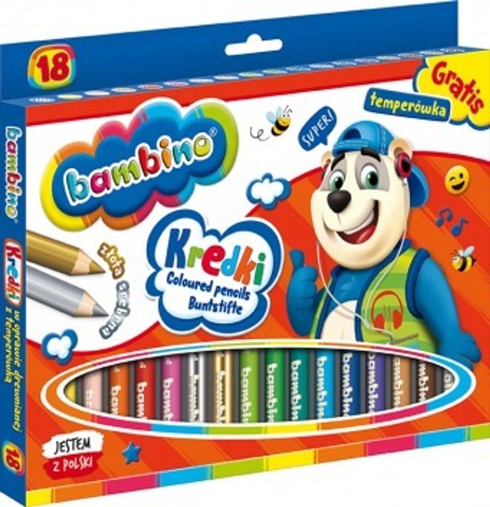 A box of Bambino colored pencils with a cartoon bear character.