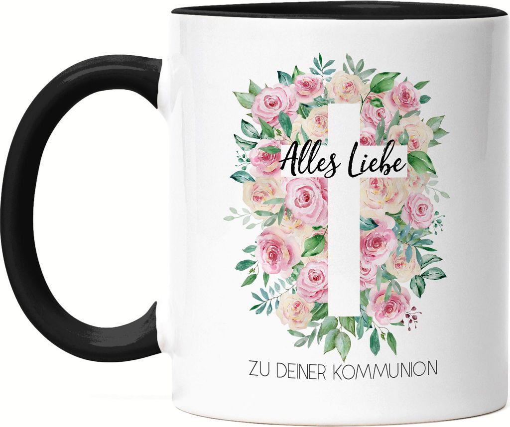 Alles Liebe zu deiner Kommunion Tasse Schwarz Kommuniongeschenk Mädchen Patenkind Kirche