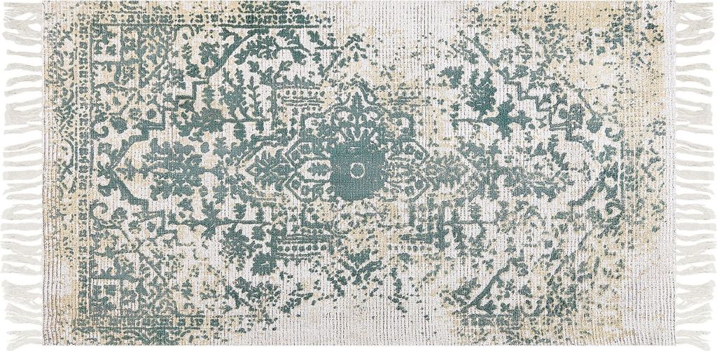 BELIANI Teppich Beige u. Grün Viskose 80 x 150 cm Rechteckig Kurzflor mit Fransen Orientalisches Muster Rechteckig Wohnzimmer Schlafzimmer Flur