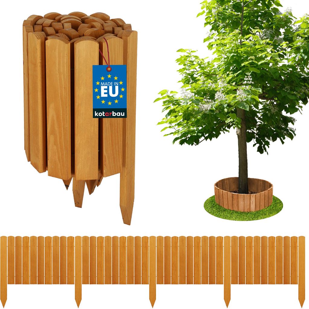 A product image showing wooden garden edging and a tree surrounded by similar edging.