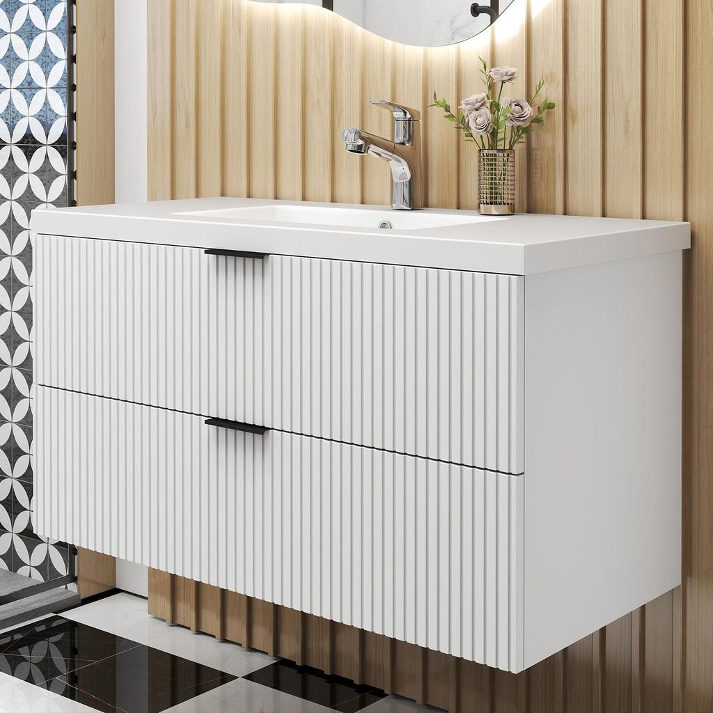 AICA Waschbeckenunterschrank Weiß Matt 100cm Mineralguss Waschtisch mit Unterschrank,2 Softclose-Schubladen,geriffelte Schubladentüren