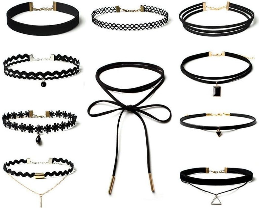 Lot de 10 colliers ras du cou noirs, modèles variés, Image du produit 