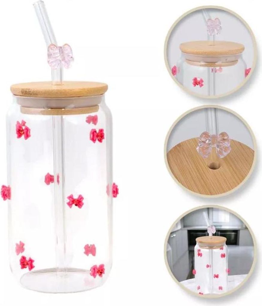 Glas, rosa Schleifen mit Zirkonia - mit Tube und Bambusdeckel 460 ml - SZK135