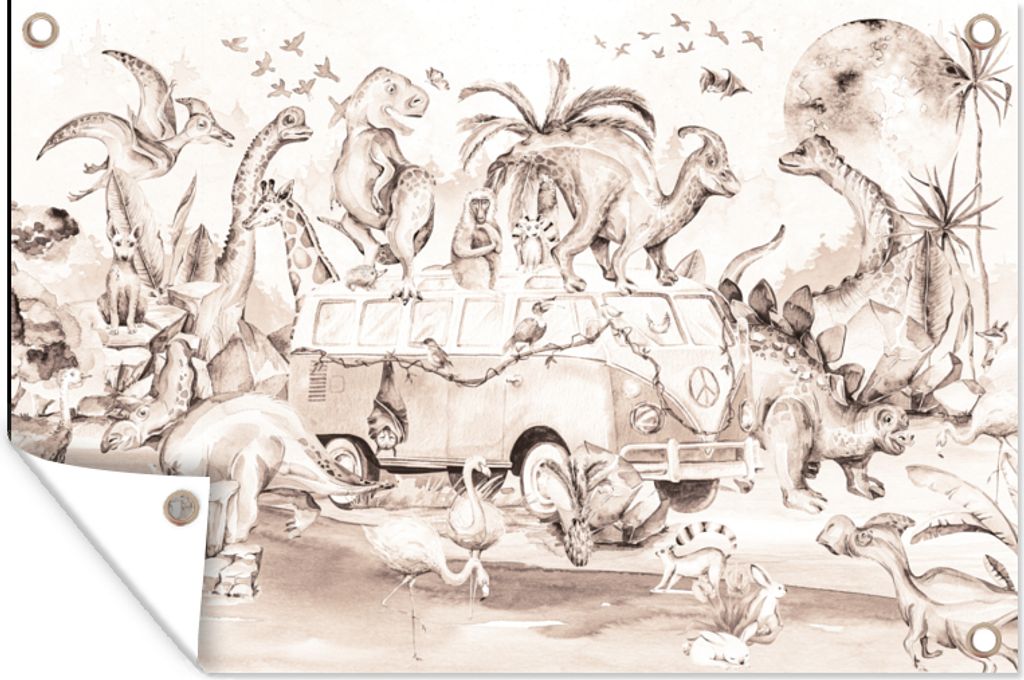 MuchoWow 120x80 cm Outdoor-Poster Gartendeko Sichtschutz Garten Poster für den Garten Dinosaurier - Bus - Kinder - Tiere - Bäume