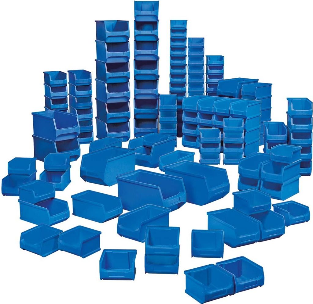 Sichtlagerkästen PROFI, 100 Sichtboxen in Industriequalität, Farbe blau, 55x Größe LB6, 35x Größe LB5, 10x Größe LB4