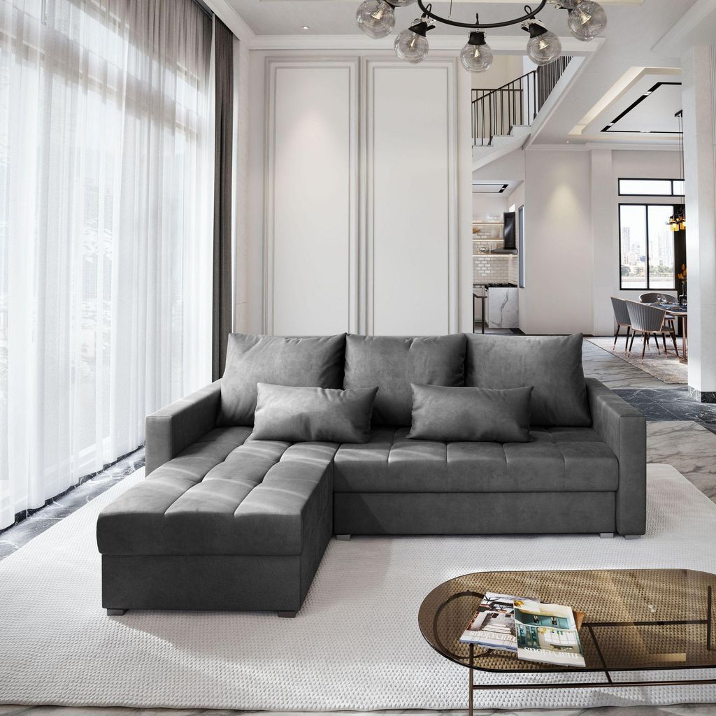 Masseno Ecksofa KOS PIK M mit Schlaffunktion L-Form, Sofa mit Bettkasten, Wohnzimmersofa, Couch, Soffa, Bettsofa, Couchgarnitur- Grau, MONOLITH 85