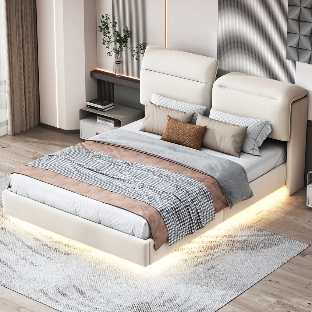 Lit double avec rangement 160x200 cm en velours beige et tête de lit