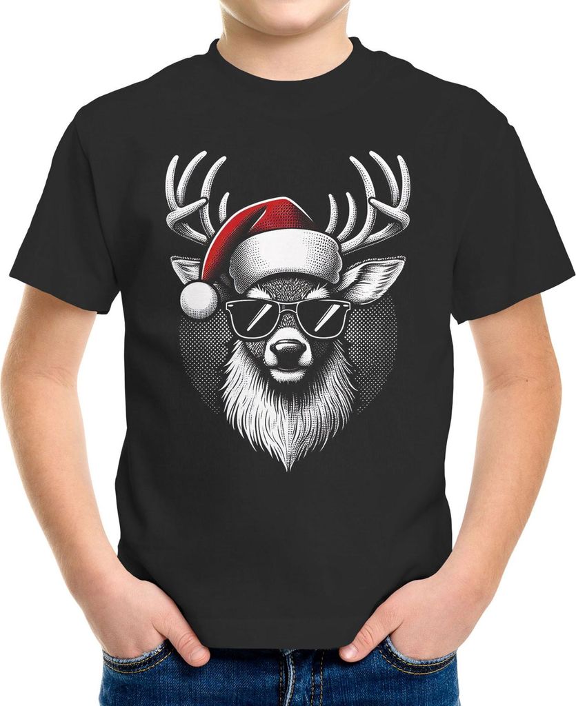 Kinder T-Shirt Weihnachten Rentier Hirsch mit Sonnenbrille und Weihnachtsmütze Weihnachtsshirt Mädchen Jungen Moonworks