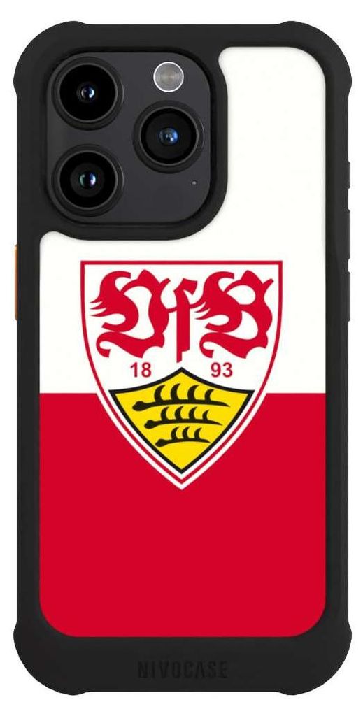 NIVOCASE Hülle für Apple iPhone 15 Pro Stoßfeste Handyhülle NIVOmax Case Schwarz Logo Offizielles Lizenzprodukt VfB Stuttgart
