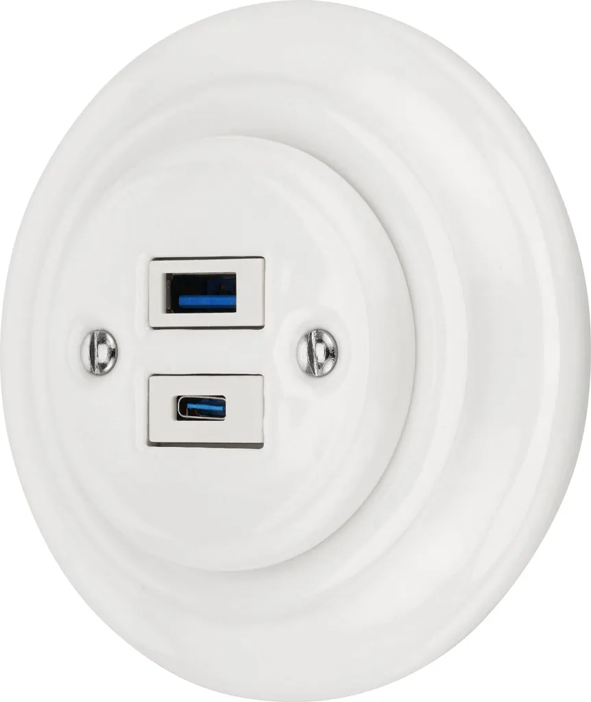 Double Prise USB de Type A et C en Céramique Blanche Style Rétro PR1