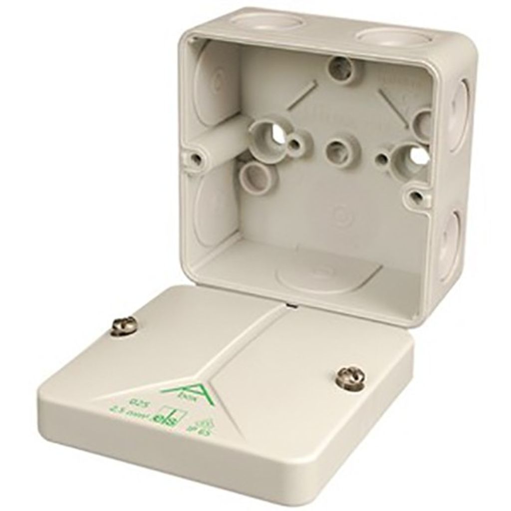 An open electrical junction box with its lid detached, shown against a white background.