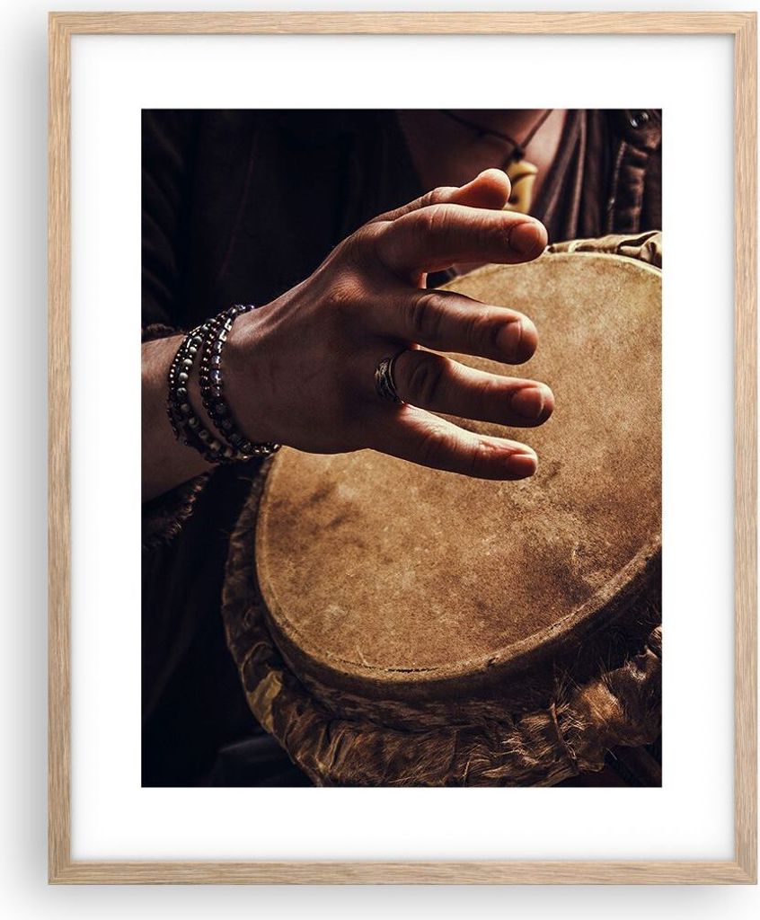 Gerahmtes Poster - Rahmen in heller Eiche - Trommel Indien Musiker - 40x50 cm - Wand Bild - Wanddeko - Wandbilder - Kunstposter - Wandposter - Bild...