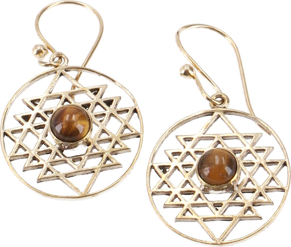 Tribalohrringe aus Messing, Ethnoohrringe Shri Yantra, Goaschmuck - Gold/Tigerauge, Gold-Farben, 3,5* cm, Ohrringe + Ohrstecker Modeschmuck