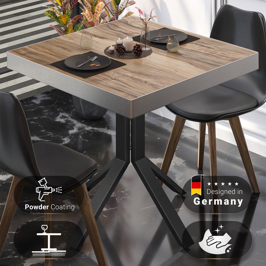 BE | Bistro Tisch | 70 x 70 x 77 cm | Quadratisch | Edelstahl Rand | Sheesham / Schwarz | Bistrotisch Gastro Tisch
