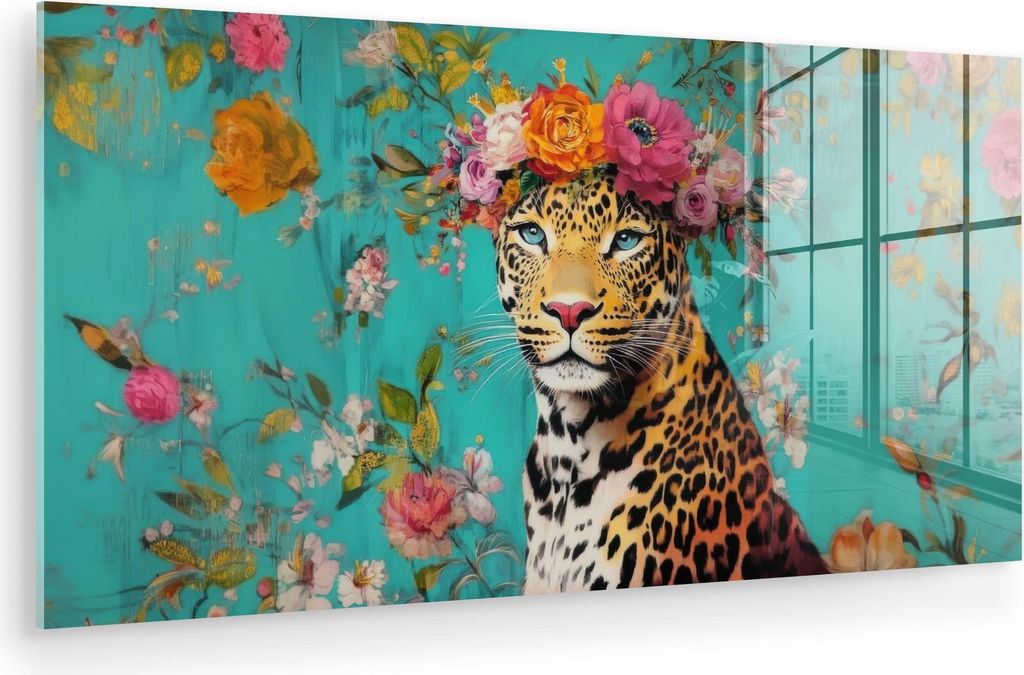 MuchoWow Glasbilder - Bilder auf Wandbild - Foto auf Glas Leopard - Blumen - Krone 80x40 cm Wanddekoration aus Glas - Acrylglasbild - Acrylbilder -...