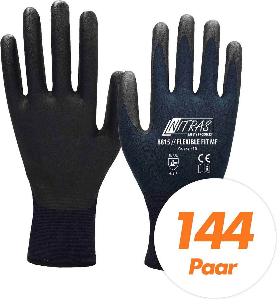 Nitras Arbeitshandschuhe Flexible FIT MF 8815 - Sicherheitshandschuhe - Teilbeschichtet auf Innenhand und Fingerkuppen - 144 Paar Größe:9
