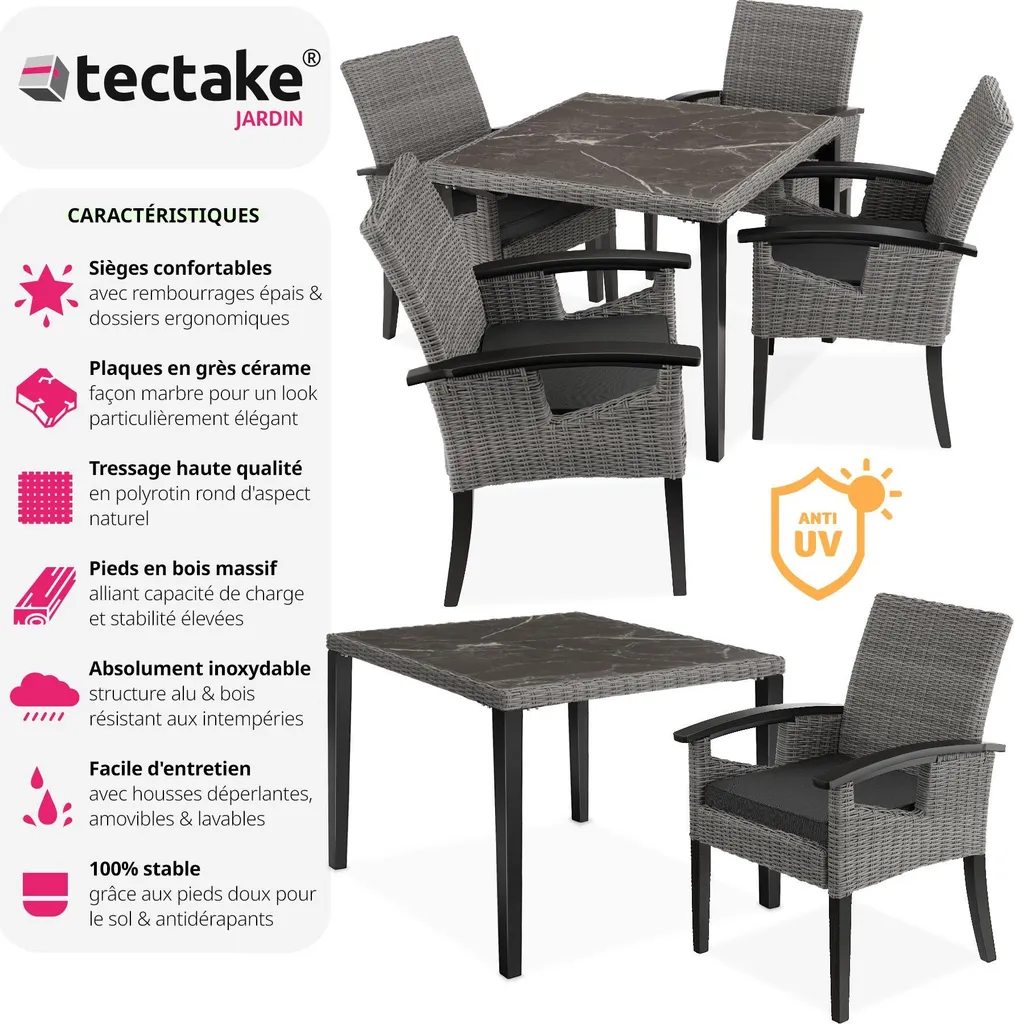 Table rotin Tarent et 4 chaises Rosarno gris résistant aux intempéries - 2