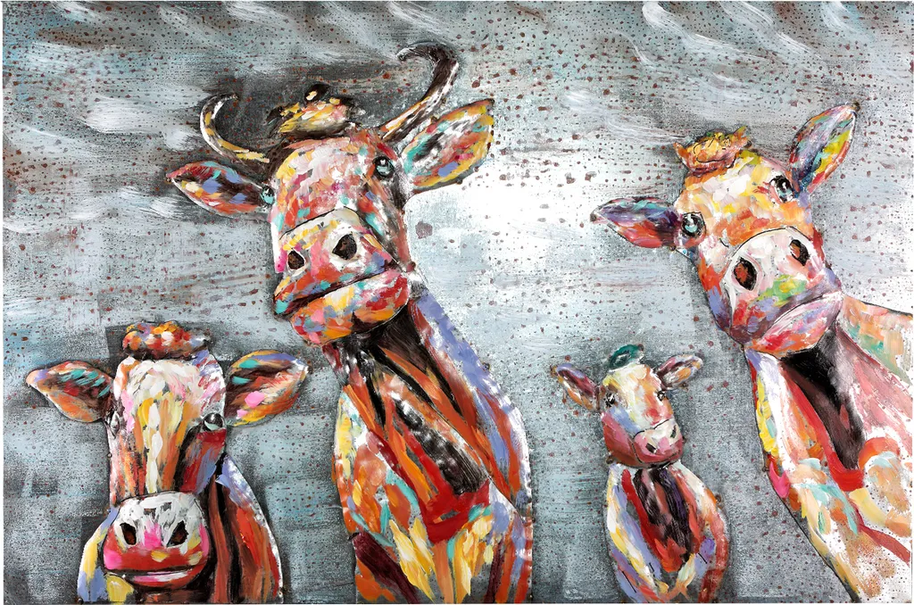 Tableau métal fait main relief Happy Cows - Sculpture murale 60x40x6 cm