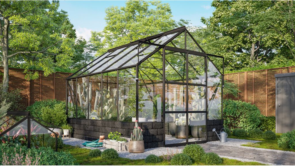Vitavia Gewächshaus "Cassandra 8300" schwarz 8,3 m² mit Sockelmauer in basalt, 3 mm ESG