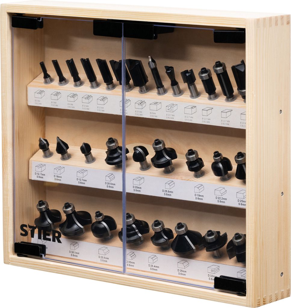 STIER Fräsersortiment in stabiler Vitrine, 30-teilig, 8 mm, Fräser für Oberfräsen, Holzfräser, Fräser Set, Fräserset, vollständiges Set mit...