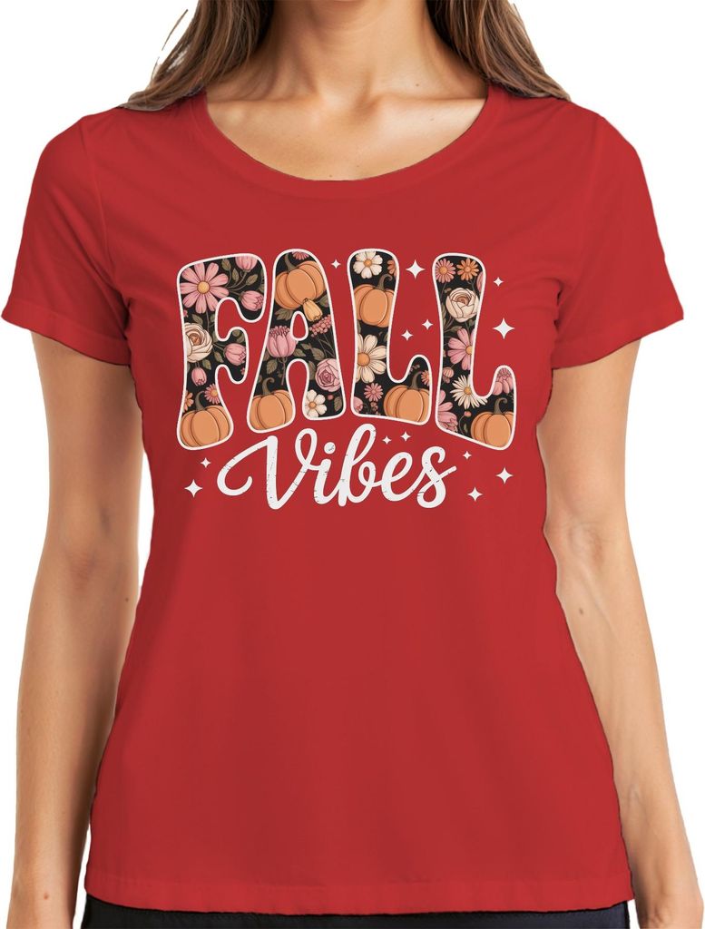 Fall Vibes Herbst Kürbis Blumen Boho Vintage Florales Gemütlich Damen T-Shirt, Rot, XL