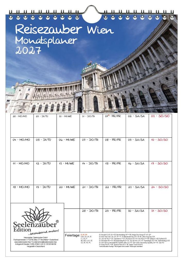 Reisezauber Wien Planer DIN A4 Kalender für 2027 Österreich Urlaub Berge - Geschenkset Inhalt: 1x Kalender, 1x Weihnachtsanhänger (insgesamt 2 T...