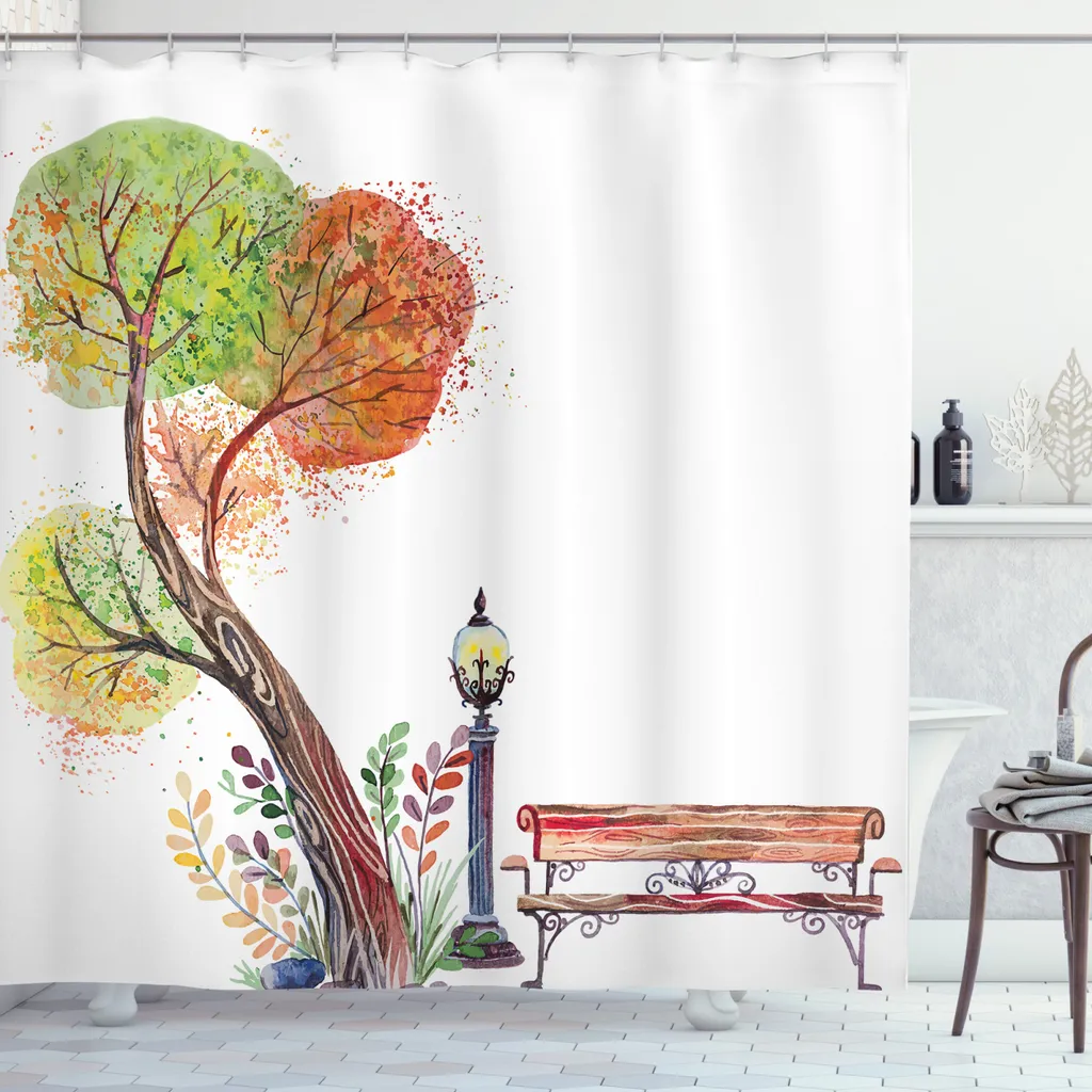 Tenda Da Doccia Con Foresta E Cascata – Tessuto Poliestere, Verde Tropicale Con Animali E Fiori, Include Ganci, Decorazione Bagno - 4