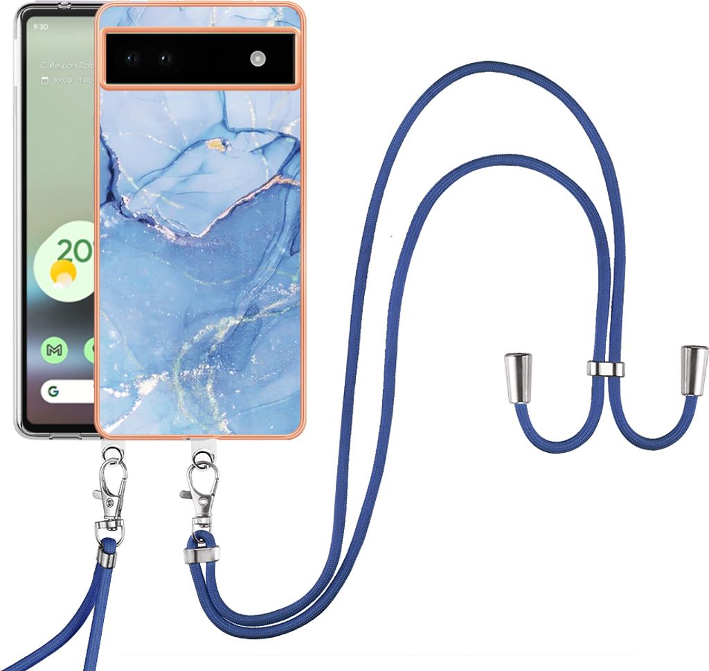 Google Pixel 6A Handykette Hülle, Muster TPU Bumper Schutzhülle mit verstellbarem Tragegurt für Google Pixel 6A Blau