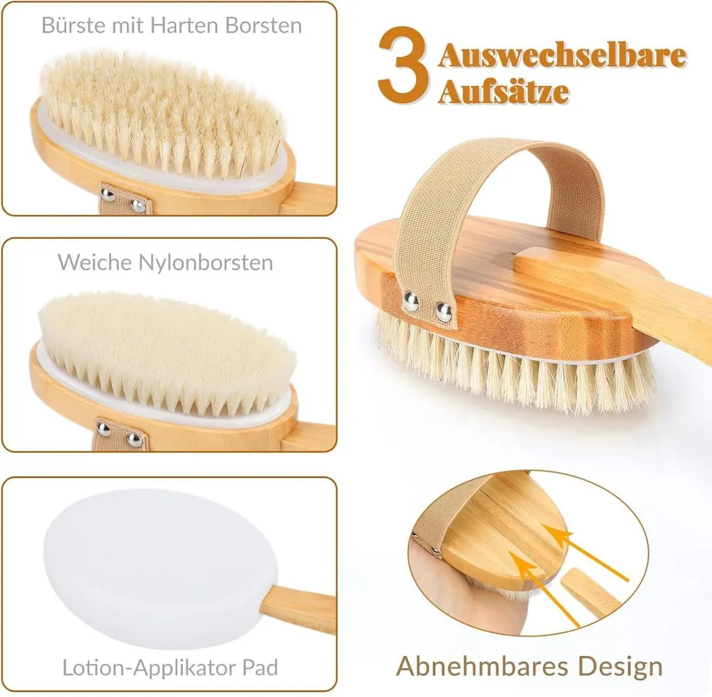 Brosse à dos de douche à long manche avec 3 embouts interchangeables