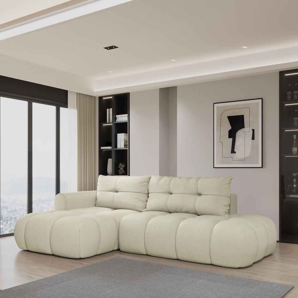 Masseno Ecksofa FLUMA L-S mit Schlaffunktion L-Form, Sofa mit Bettkasten, Wohnzimmersofa, Couch, Soffa, Bettsofa, Couchgarnitur- Creme, SORO 02
