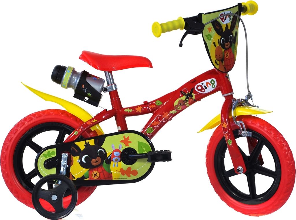 A red children's bicycle with Bing character graphics.