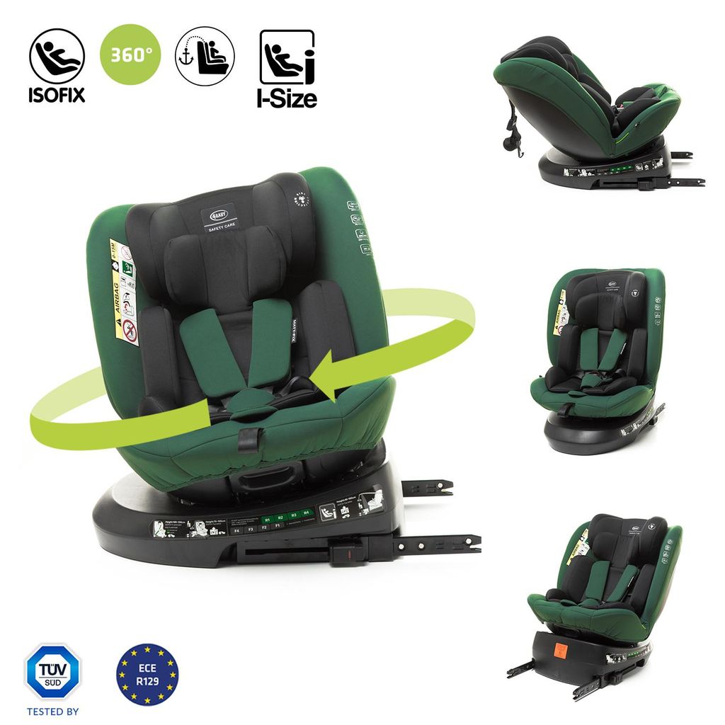 A collage of images showing a green car seat from different angles and with various features highlighted.