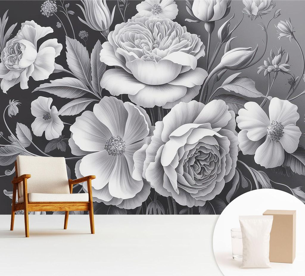 Fototapete - 312x219 cm - Tapete - Wandtapete - Wandbilder - Dekofolie - Tapete Folie - Wand - Dekoration - Wohnzimmer - Graue Blumen