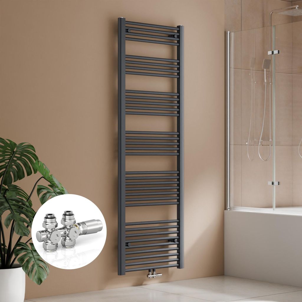 A bathroom towel radiator with a valve attachment shown in a bathroom setting.