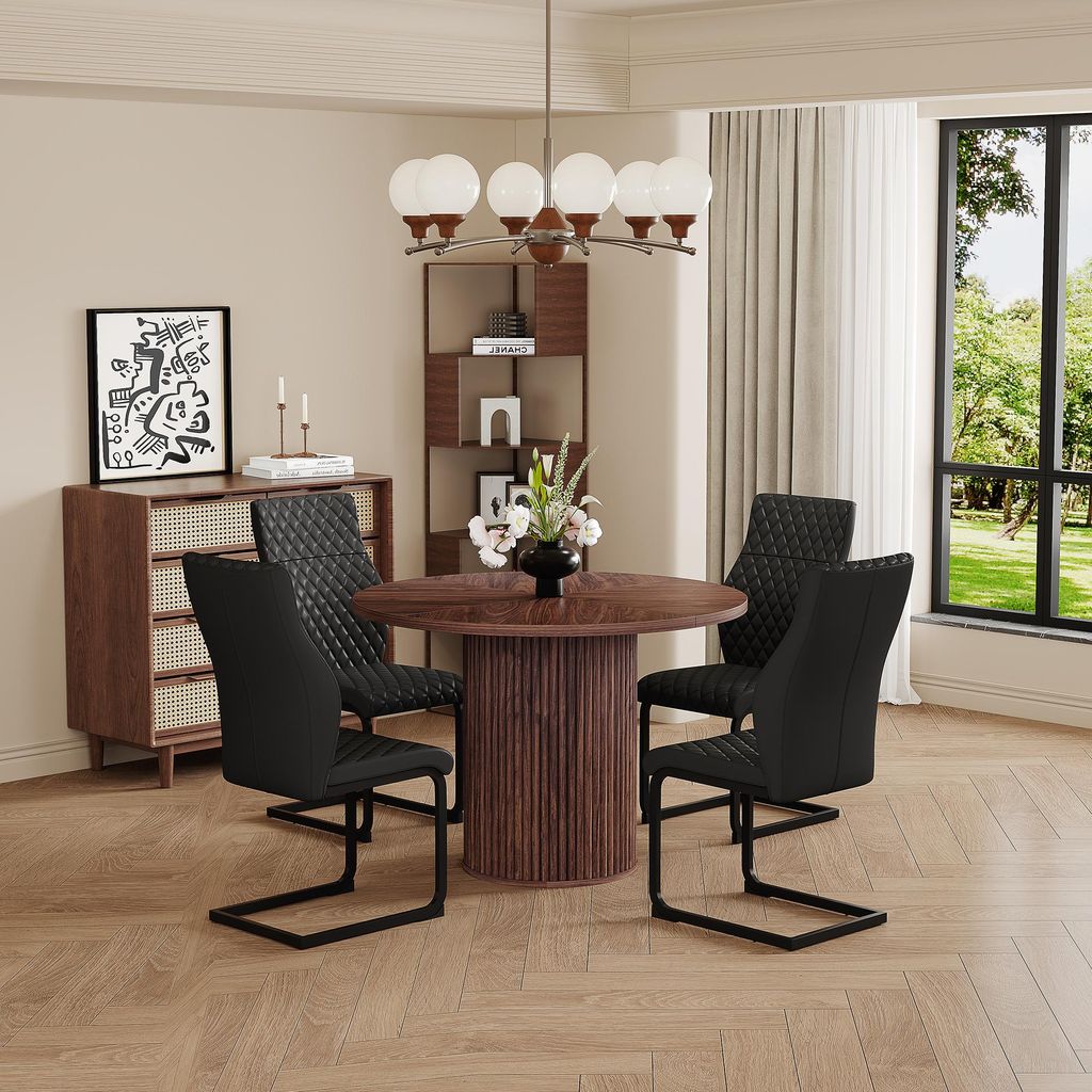 Esstisch Set Rund Ø 100cm Nussbaum-Optik mit 4 Esszimmerstühlen Schwarz, MDF 2,5cm Platte, Zylinder-Beine, Modernes Esszimmerset Sitzgruppe Platz...