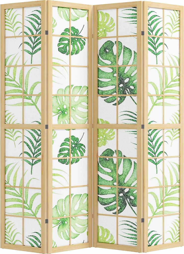 4-teiliger Faltraumteiler, Boho-Palmen-Design, Grün