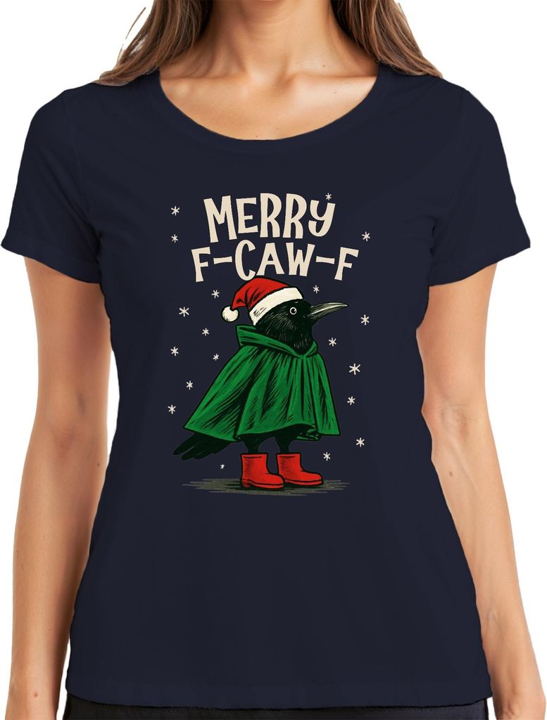 Merry F Caw F Krähe Weihnachten lustig Santa Hut Retro Damen T-Shirt, Navy, XL