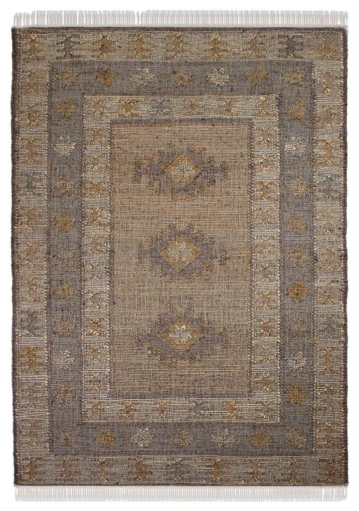 Jute-Teppich Vintage handgewebt · Flachgewebe mit Fransen · Boho-Stil