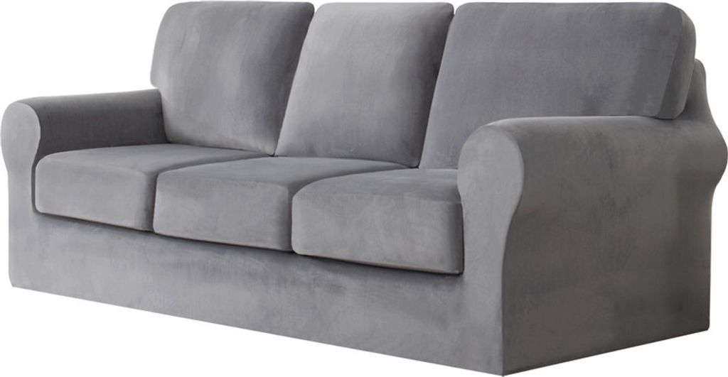(Hellgrau) 7-teiliger Stretch-Sofabezug, 3-Sitzer-Couchbezug mit separaten Rückenlehnen und Kissen mit Gummiband